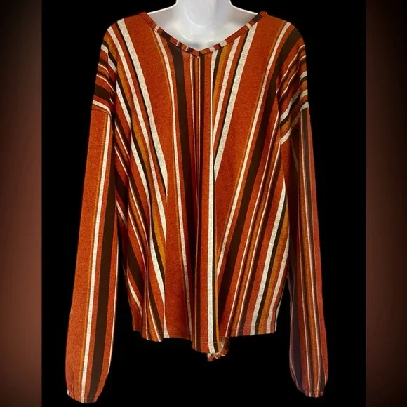 🎉HP🎉Striped V-Neck Blouse in Orange and Brown size Large🎉HP🎉 - Picture 2 of 4